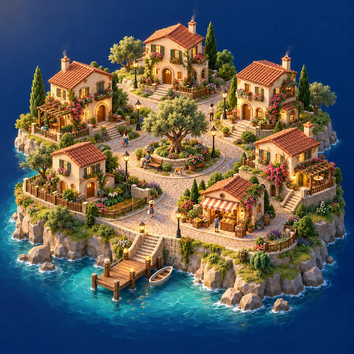 Cozy Heritage island village with terracotta roofs, flowers, and cobblestone paths