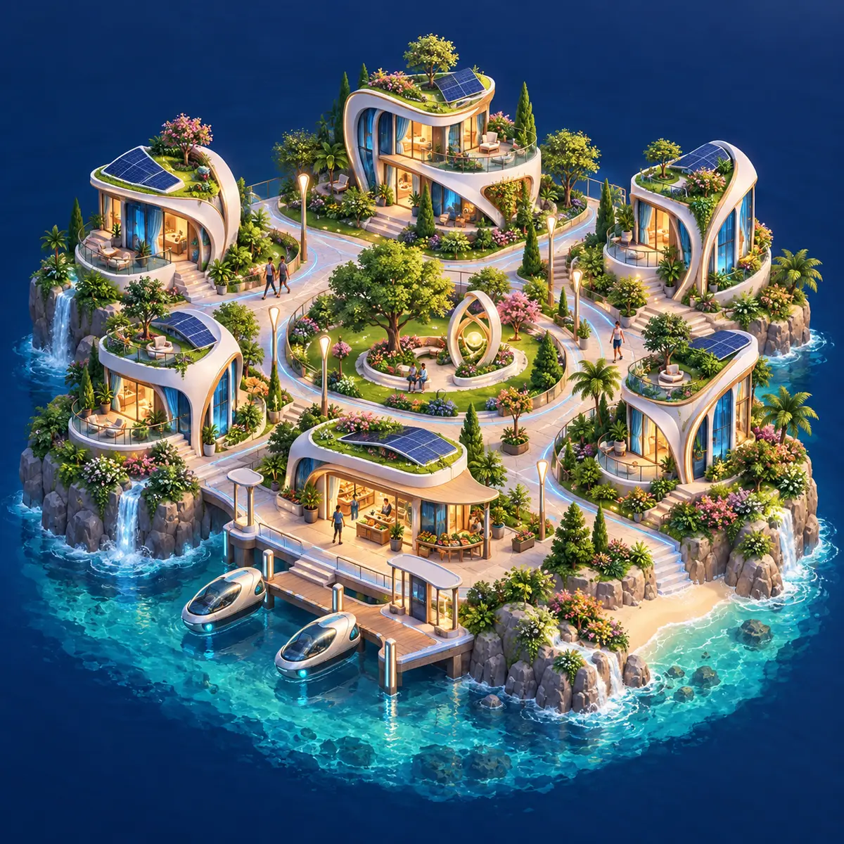 Future Bloom island city with curved white architecture, rooftop gardens, and glowing paths