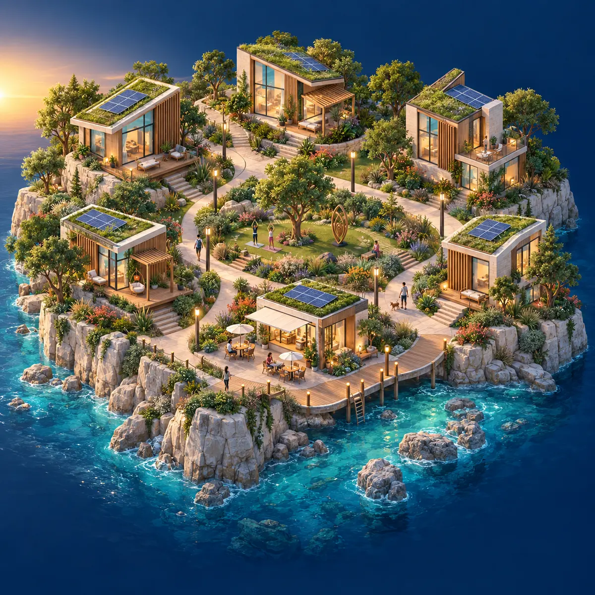 Modern Grove island community with wood and glass homes, gardens, and solar panels