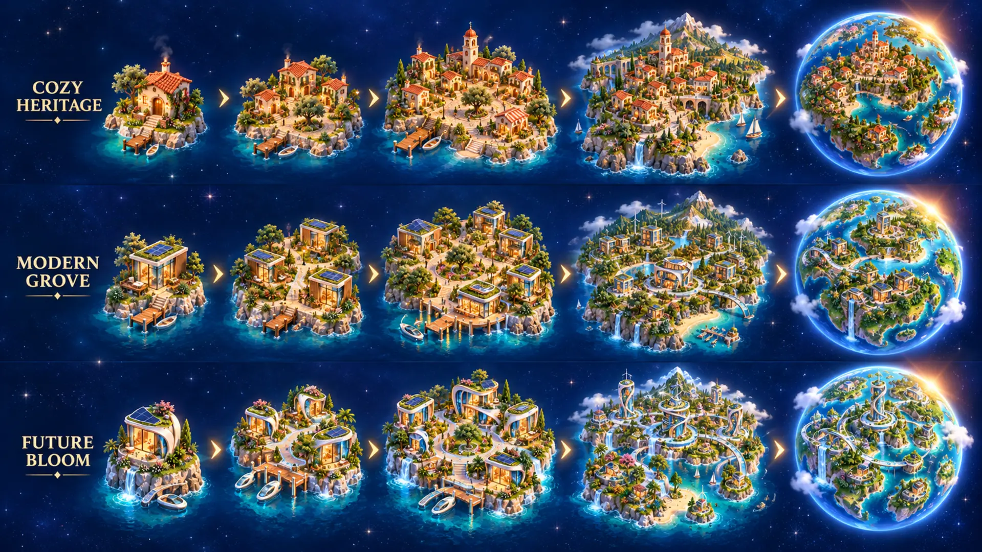 Cozy Heritage, Modern Grove, and Future Bloom growing from one home into complete planets